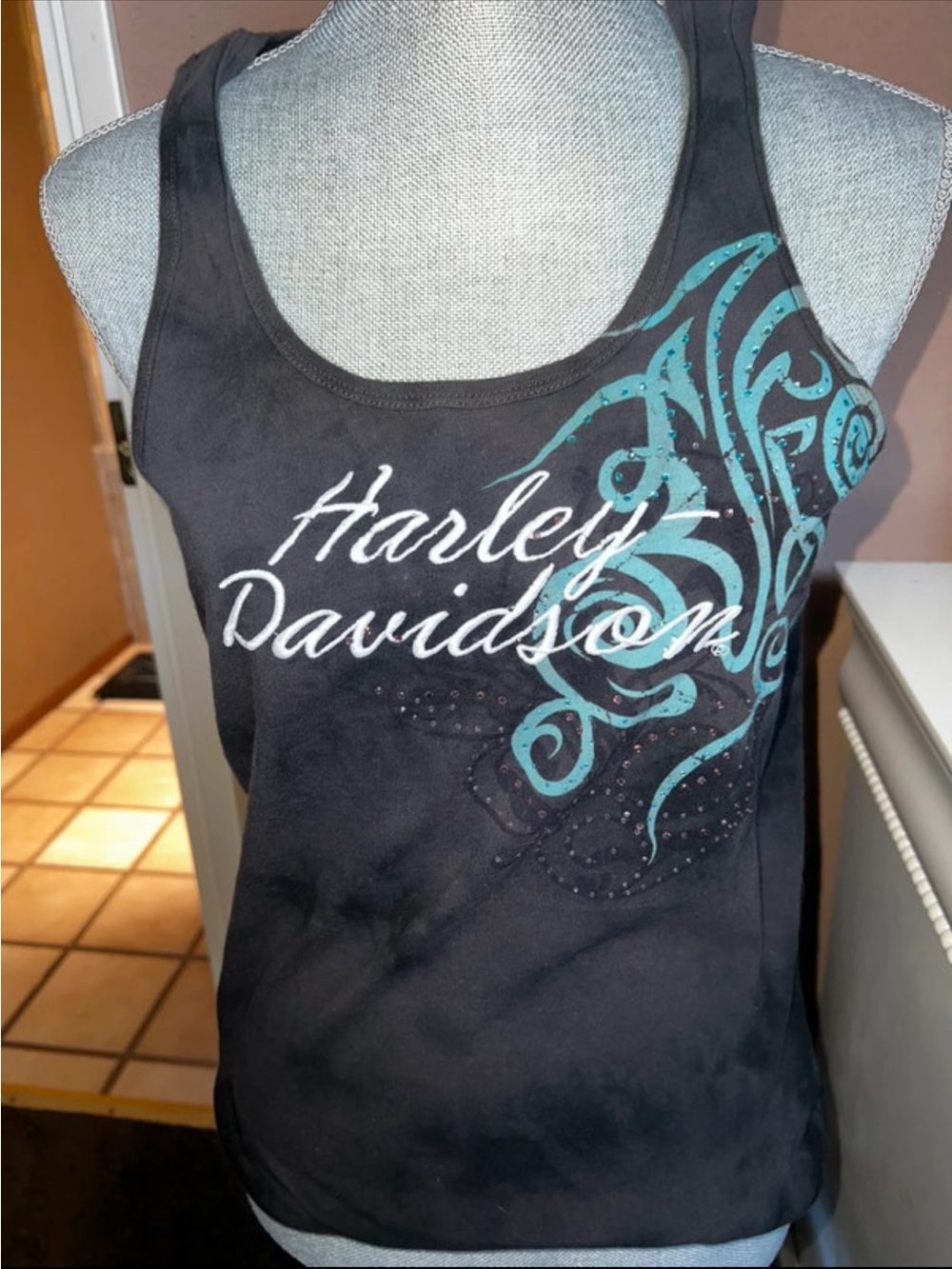 Harley-Davidson Black Tank Top with Teal Flourish and White Script